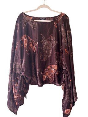 Zero Zero Womens Satin Floral Paisley Brown Asymmetric Hem Top